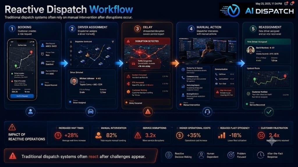 Reactive dispatch workflow: booking, assignment, delay, manual action